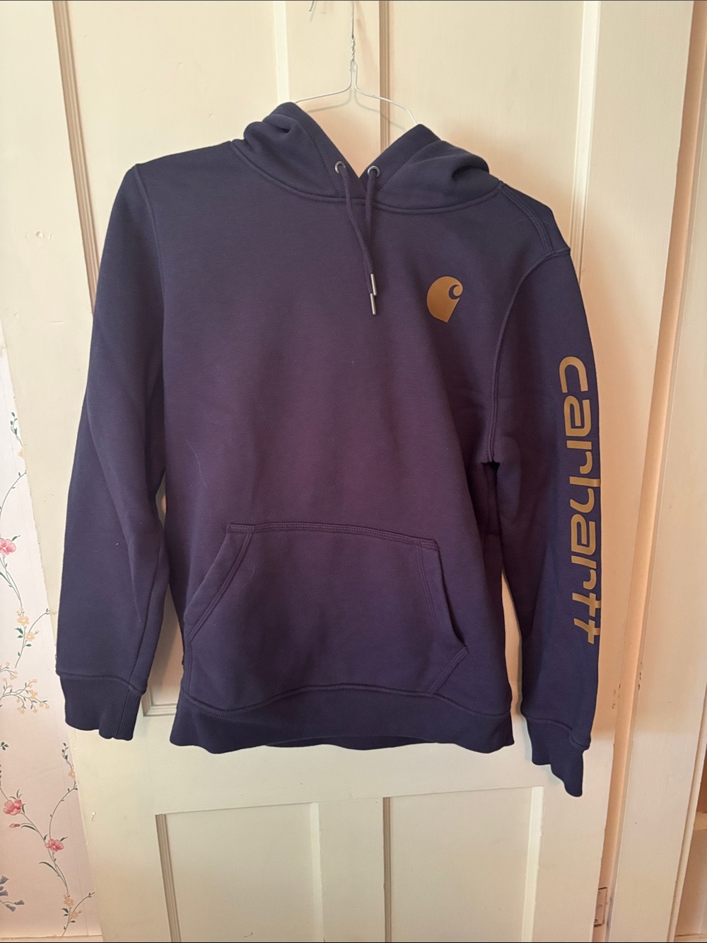 Carhartt Navy Pullover Hoodie with Gold Logo and Sleeve Script